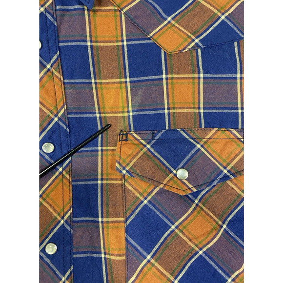 Wrangler Shirt Mens Large Orange Blue Plaid Pearl Western Cowboy Vintage 80s - Picture 8 of 15